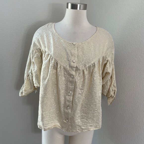 Sezane Womens 4 US Metallic Button Up Blouse 3/4 Ruched Sleeve Shirt Top - Picture 2 of 13